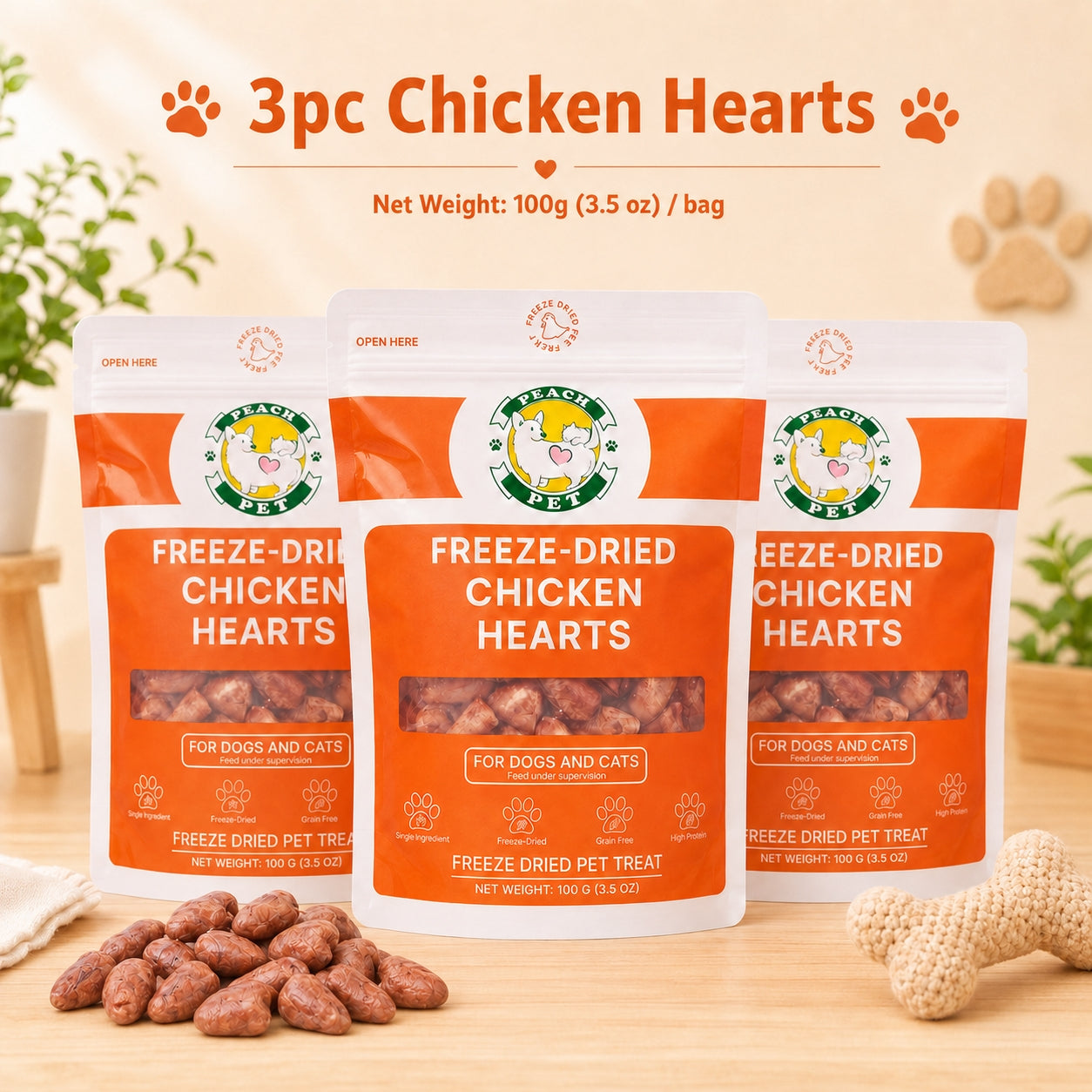 Multi-Pack Peach Pet Freeze-Dried Cat Treats, High-Protein Crunchy Real Meat Snacks, Chicken Breast, Liver, Hearts & Variety Mix