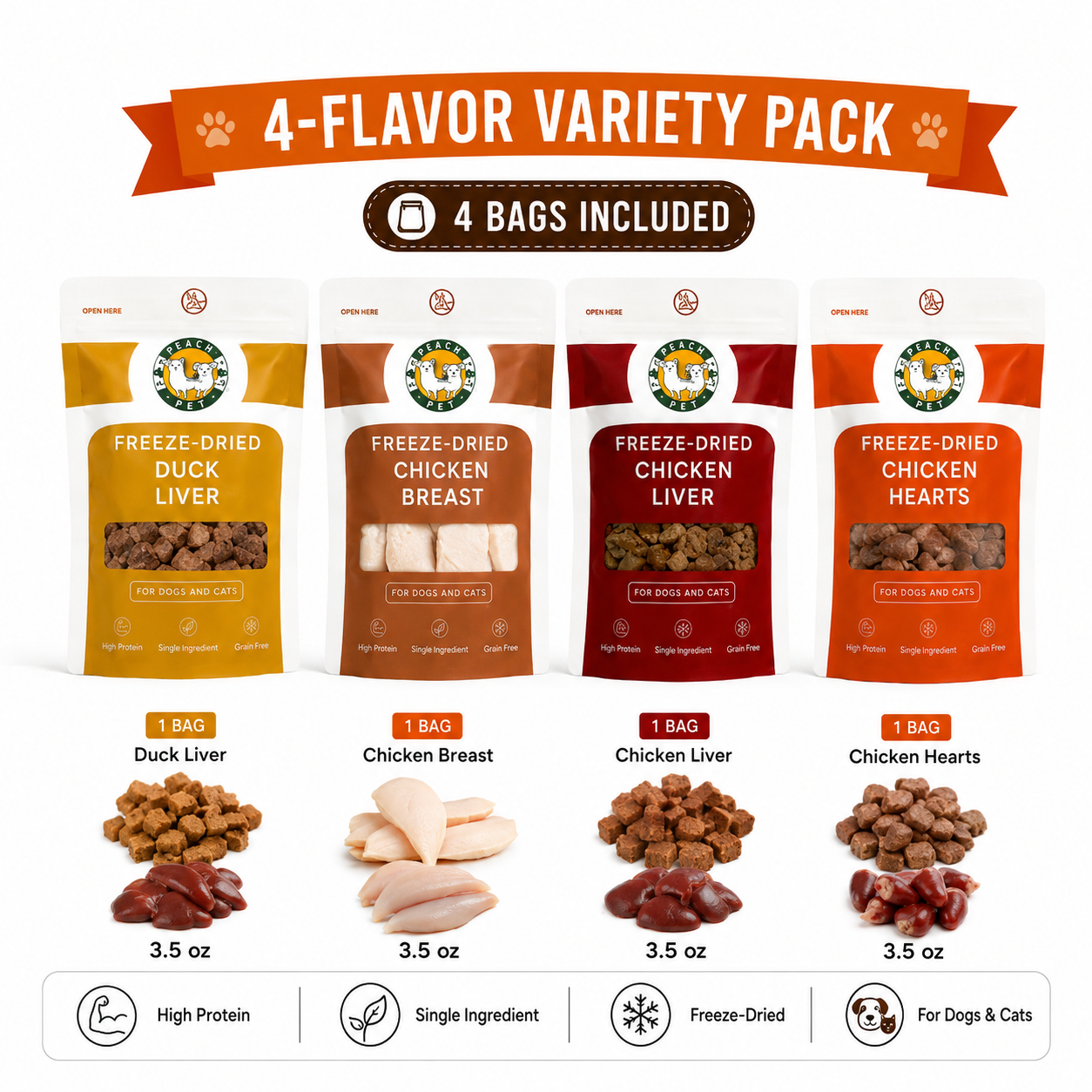 Multi-Pack Peach Pet Freeze-Dried Cat Treats, High-Protein Crunchy Real Meat Snacks, Chicken Breast, Liver, Hearts & Variety Mix