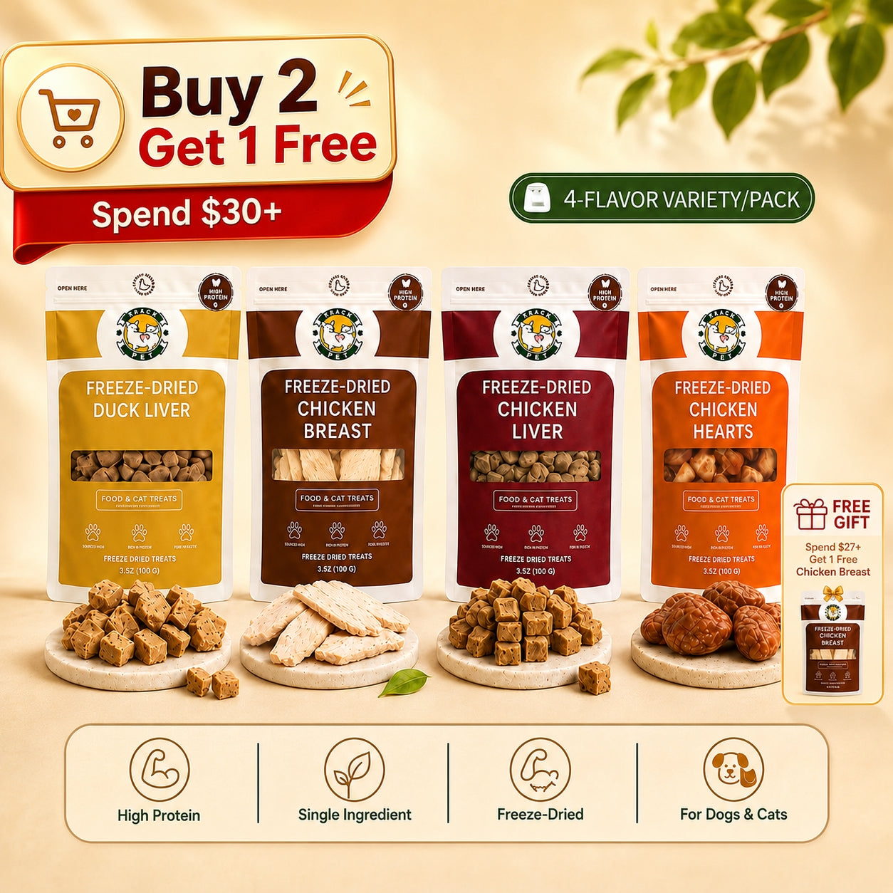 Multi-Pack Peach Pet Freeze-Dried Cat Treats, High-Protein Crunchy Real Meat Snacks, Chicken Breast, Liver, Hearts & Variety Mix