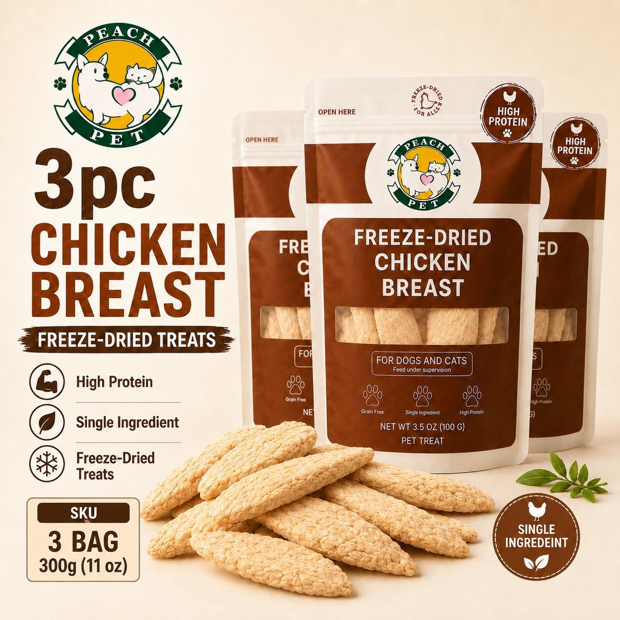 Multi-Pack Peach Pet Freeze-Dried Cat Treats, High-Protein Crunchy Real Meat Snacks, Chicken Breast, Liver, Hearts & Variety Mix