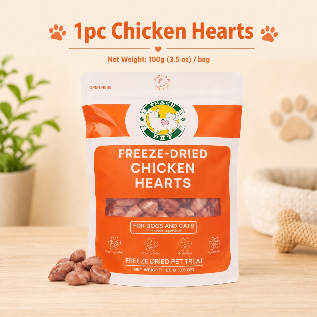 Peach Pet Freeze Dried Real Chicken Hearts Dog & Cat Treats, 3.5oz Rich High-Protein Pet Snacks, Buy 2 Get Free Chicken Dice, Spend $30+ Limited Offer
