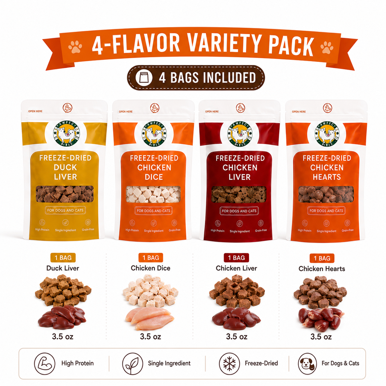 Peach Pet Freeze-Dried Cat Crunchy Treats Variety Pack -4-Pack, 3.5oz, High Protein Snacks with Real Meat Lean Cuts Variety Mix