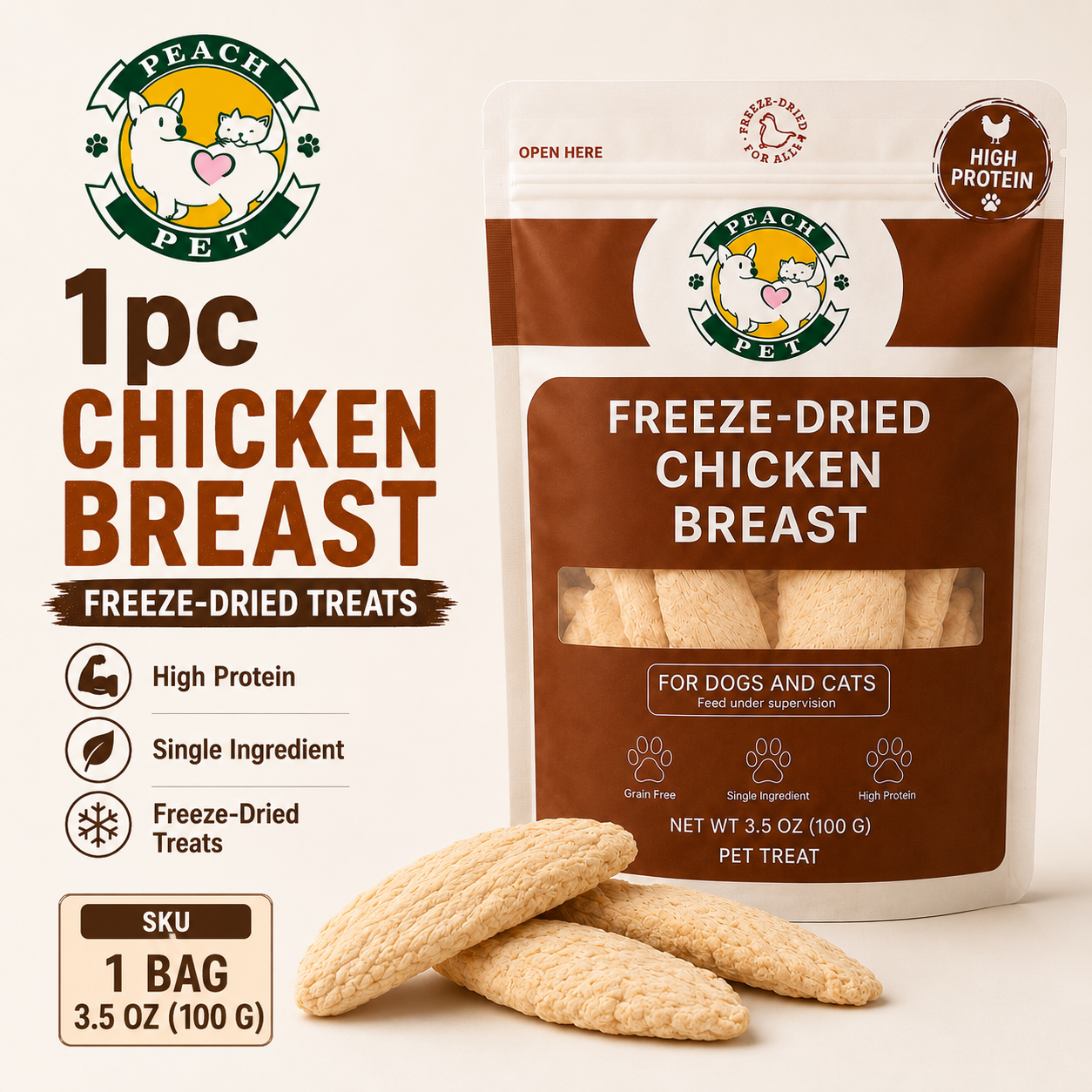 Multi-Pack Peach Pet Freeze-Dried Cat Treats, High-Protein Crunchy Real Meat Snacks, Chicken Breast, Liver, Hearts & Variety Mix
