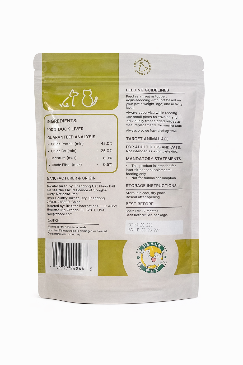 Freeze Dried Duck Liver Dog & Cat Treats 3.5oz High Protein Peach Pet